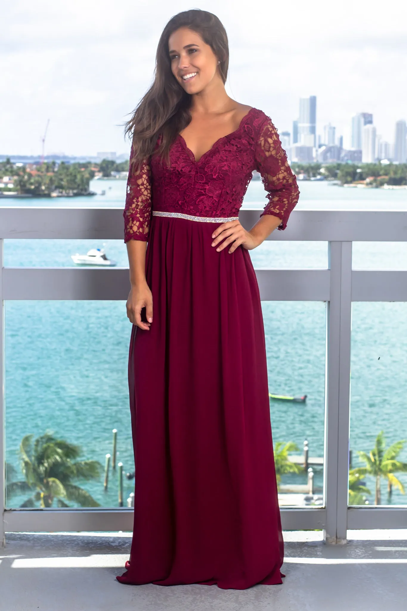 Merlot Embroidered Top Maxi Dress with 3/4 Sleeves
