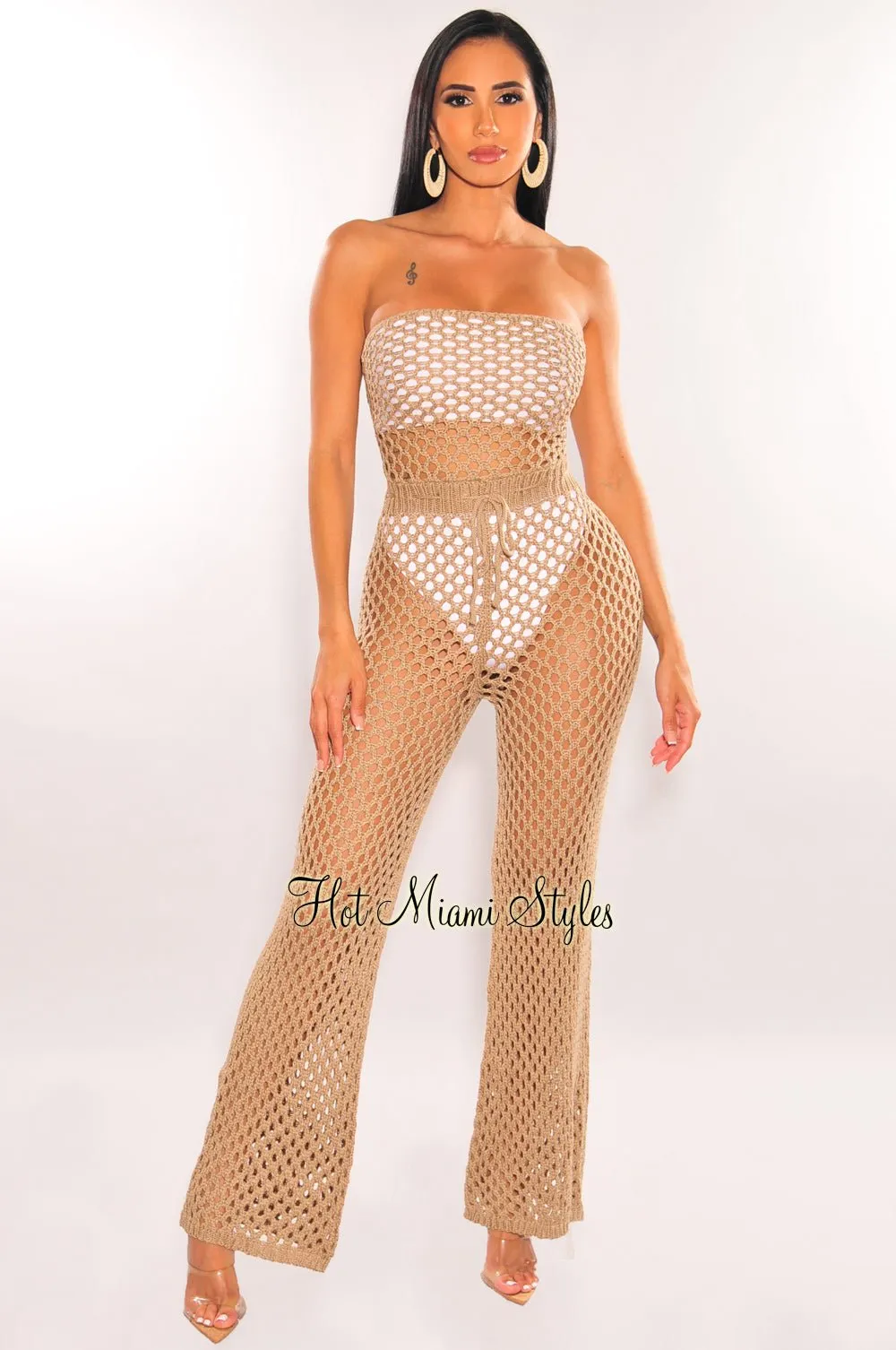Mocha Crochet Strapless Lace Up Belted Palazzo Cover Up Jumpsuit
