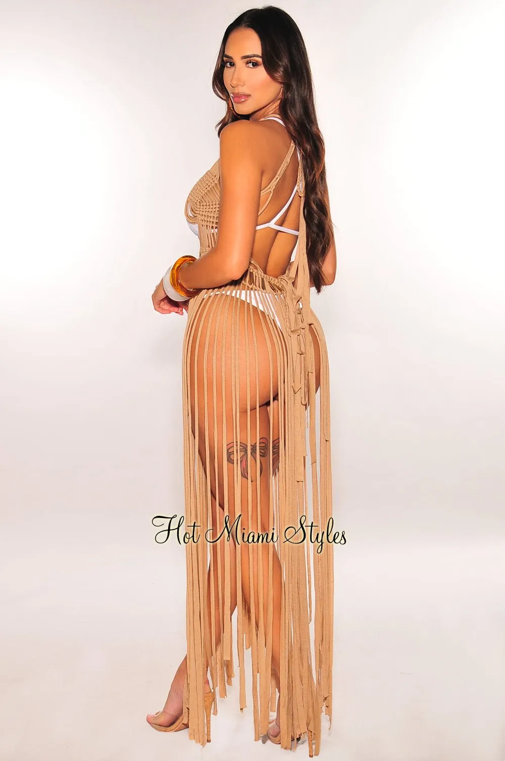Mocha Halter Crochet Knit Fringe Open Back Tie Up Cover Up