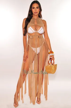 Mocha Halter Crochet Knit Fringe Open Back Tie Up Cover Up
