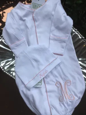 MONOGRAM LAYETTE PINK PICOT TRIM SNAP FRONT GOWN
