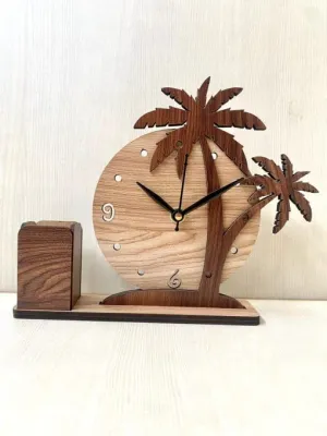 MYESHOP Retail® Fancy Looking Wooden Table Clock & Holder with Cocos nucifer (Coconut Tree) Design and Pen Holder.