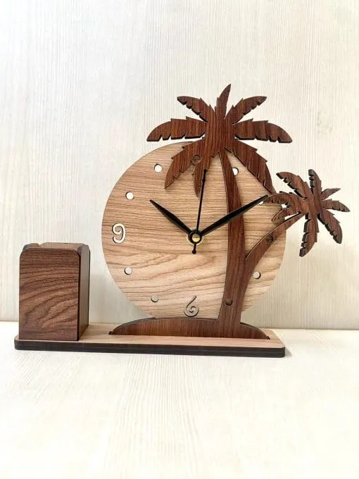MYESHOP Retail® Fancy Looking Wooden Table Clock & Holder with Cocos nucifer (Coconut Tree) Design and Pen Holder.
