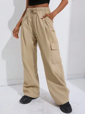 Natural Waist Drawstring Pants With Pocket