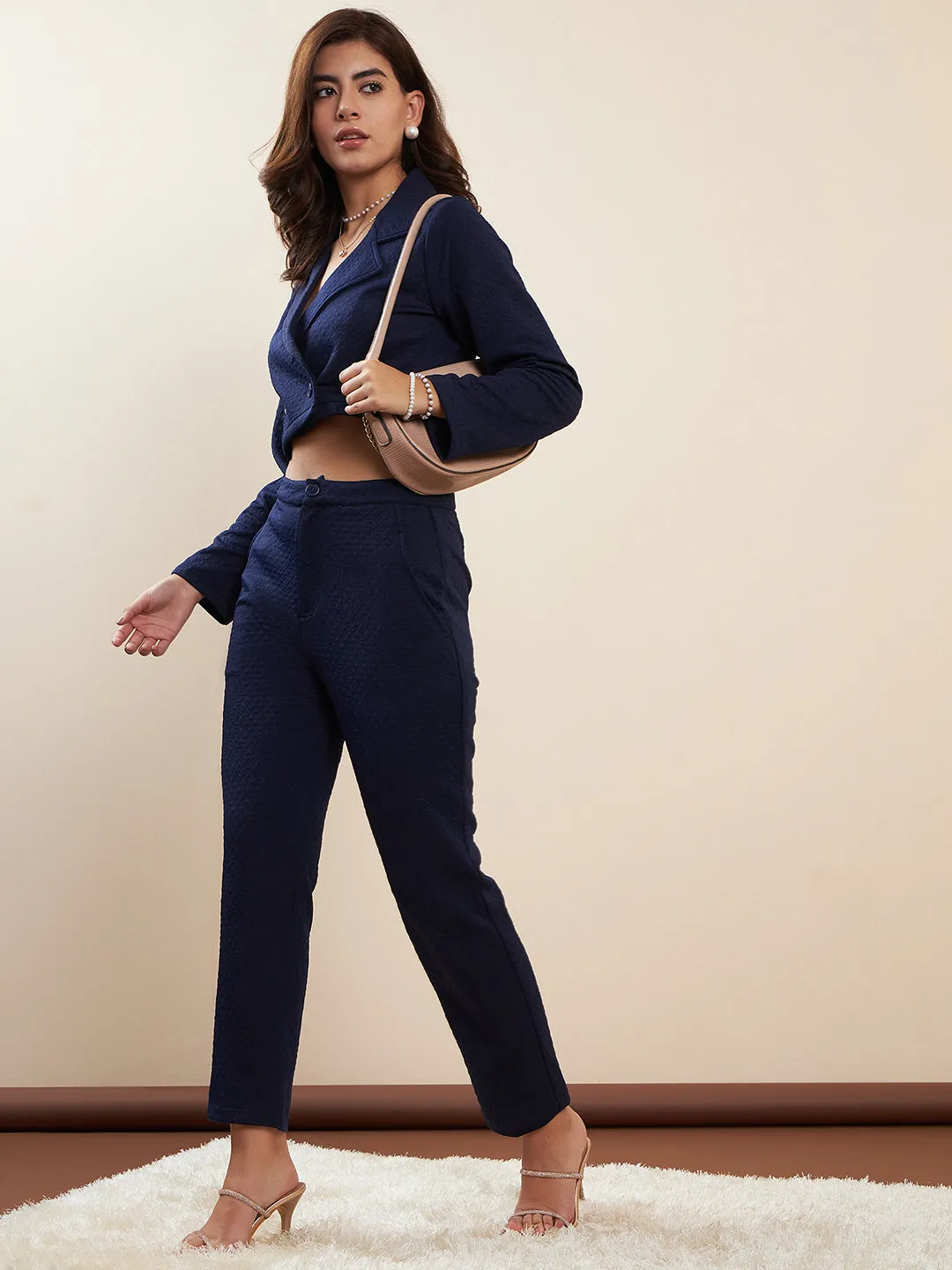 Navy Blue Polyester Jacquard Crop Blazer Co-Ord Set