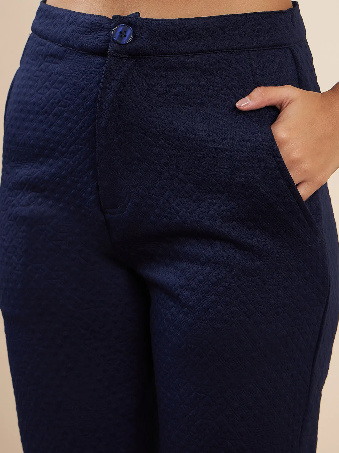 Navy Blue Polyester Jacquard Crop Blazer Co-Ord Set