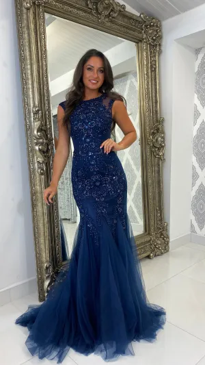 Navy Cap Sleeve Jewelled Fishtail Gown