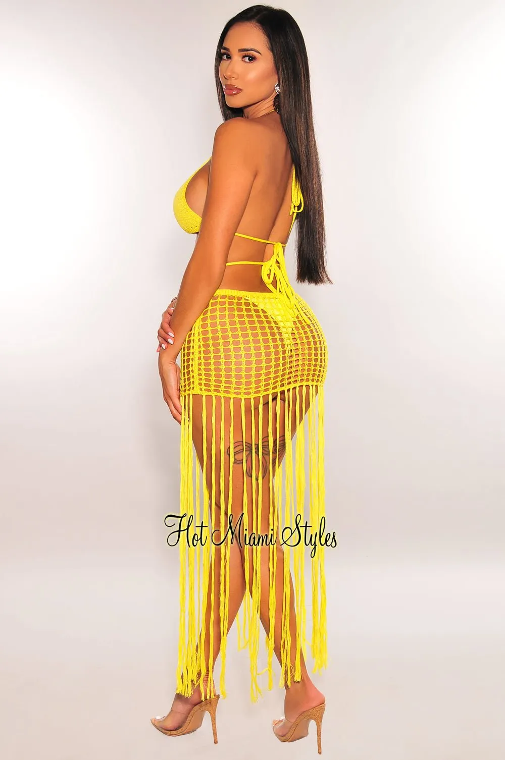 Neon Yellow Crochet Triangle Top Bikini Fringe Skirt Three Piece Set