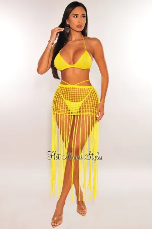 Neon Yellow Crochet Triangle Top Bikini Fringe Skirt Three Piece Set