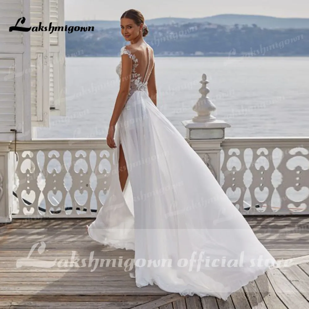 NumberSea Sexy Beach Wedding Dresses Long Lace V-Neck Split A-Line Wedding Gowns White Backless Trouwjurken Vestido Novia