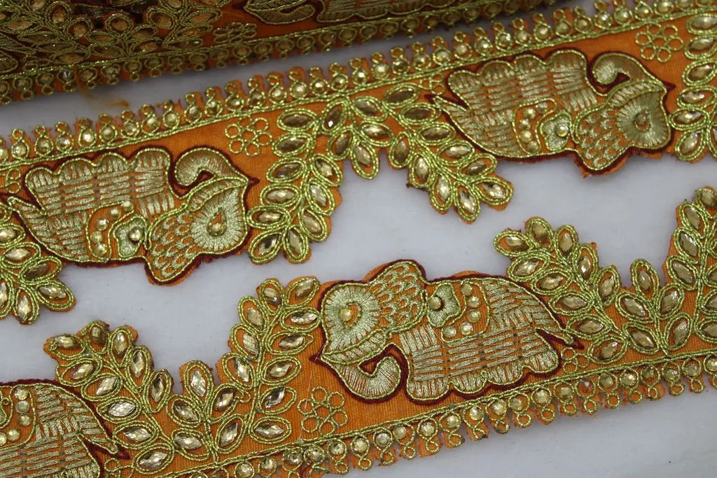 Orange Designer Zari Work Embroidered Border