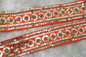 Orange Fancy Sequins Work Embroidered Border