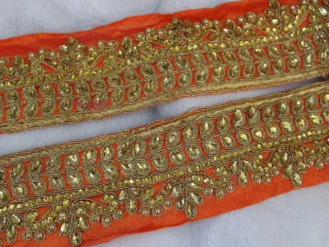 Orange Floral Stone Work Embroidered Border