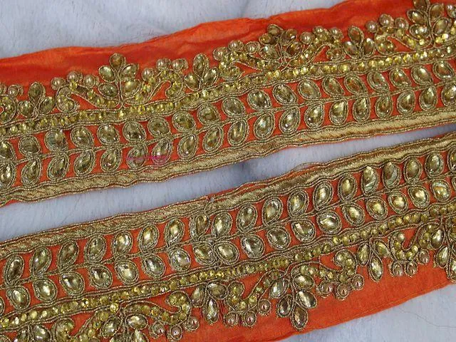 Orange Floral Stone Work Embroidered Border
