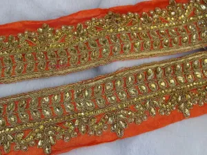 Orange Floral Stone Work Embroidered Border