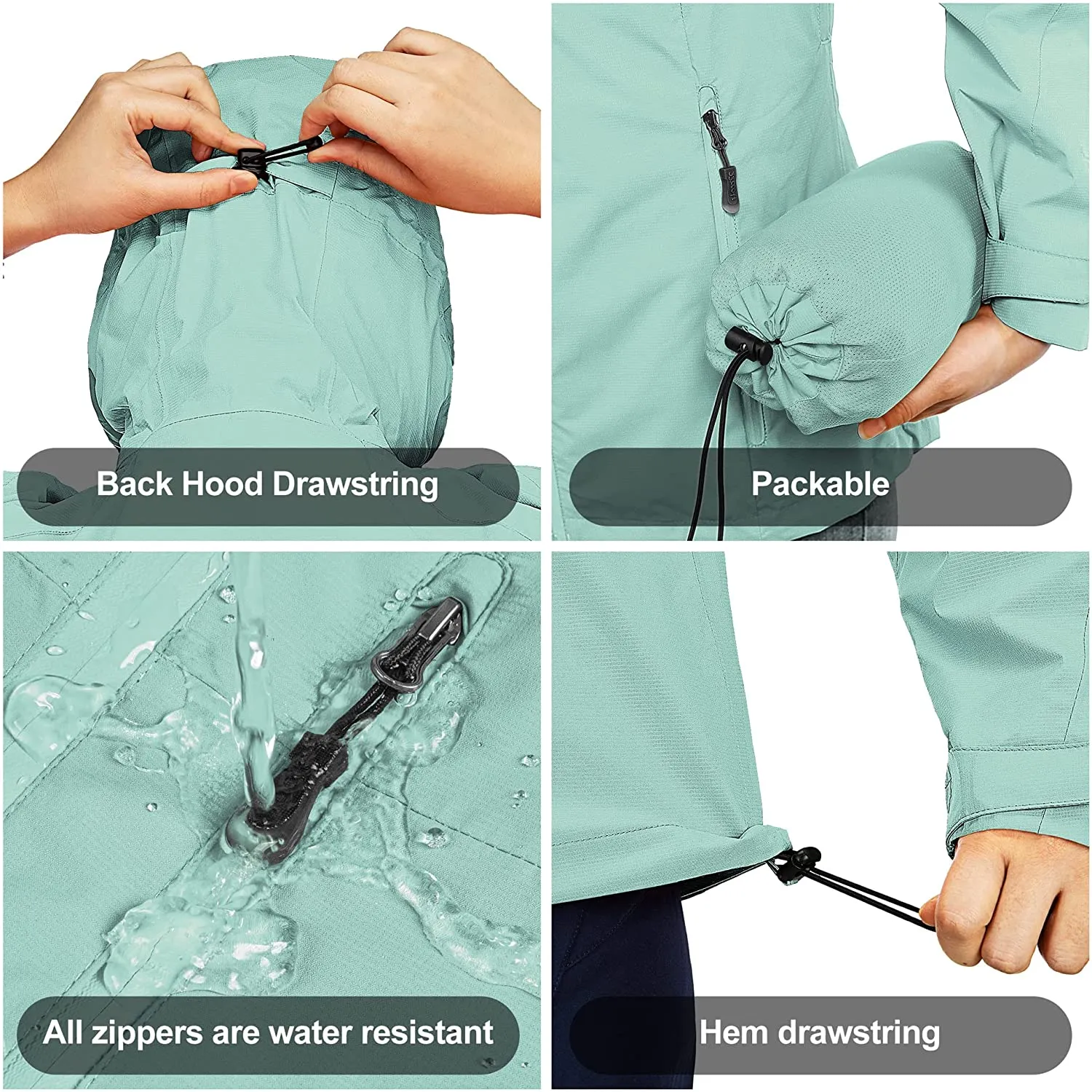 Packable Rain Jacket Women Lightweight Waterproof Raincoat with Hood Cycling Bike Jacket Windbreaker