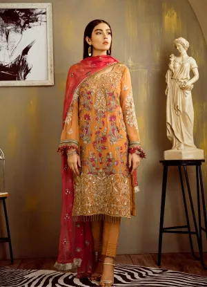 Pakistani chiffon thread embroidered dress in saffron yellow color # P2323
