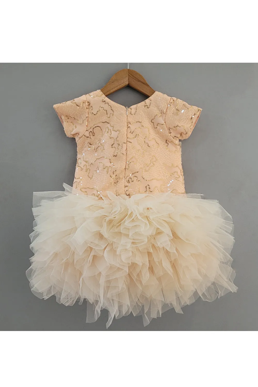 Peach Grey Sequins Embroidered Frill Dress