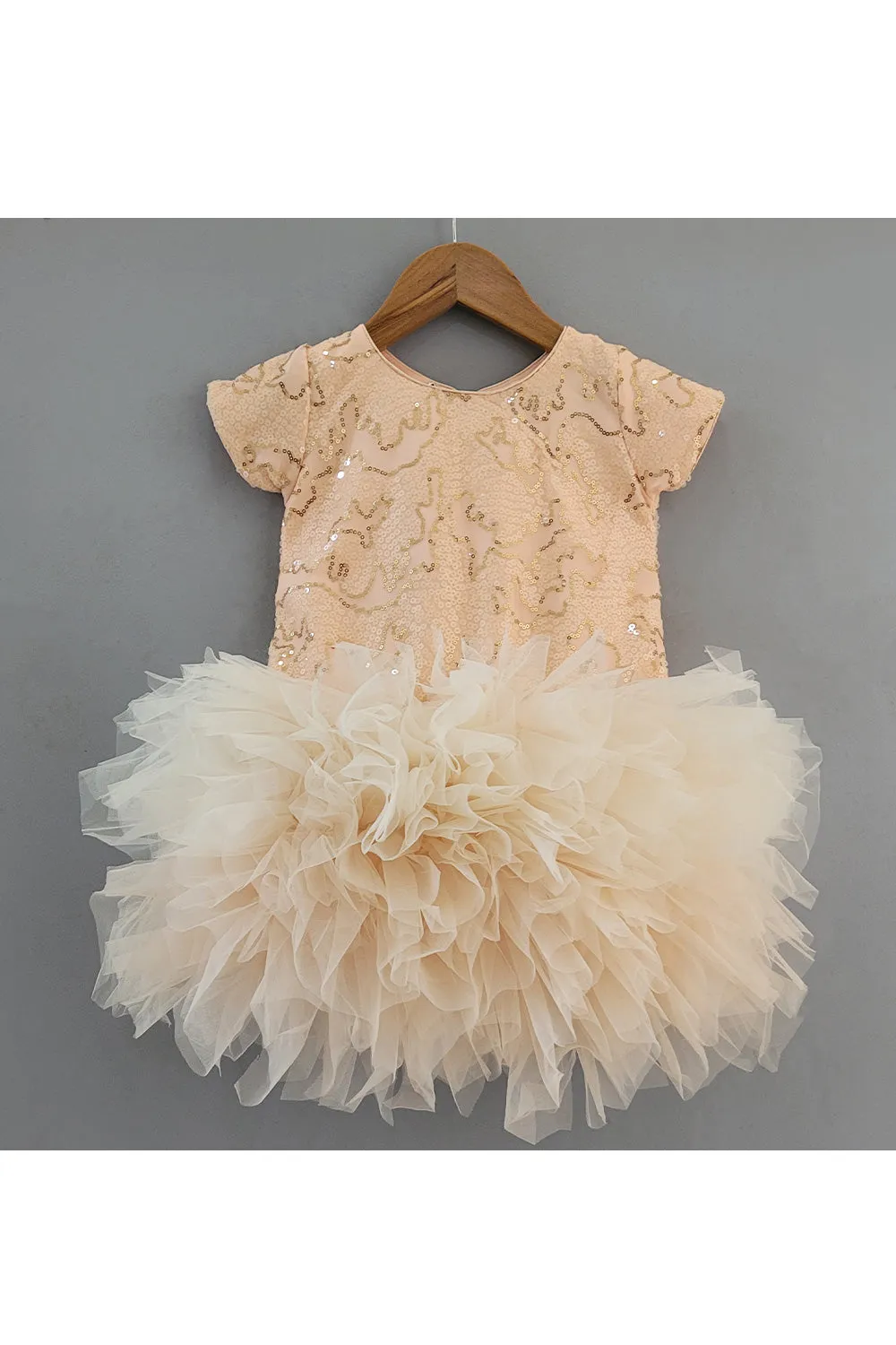 Peach Grey Sequins Embroidered Frill Dress