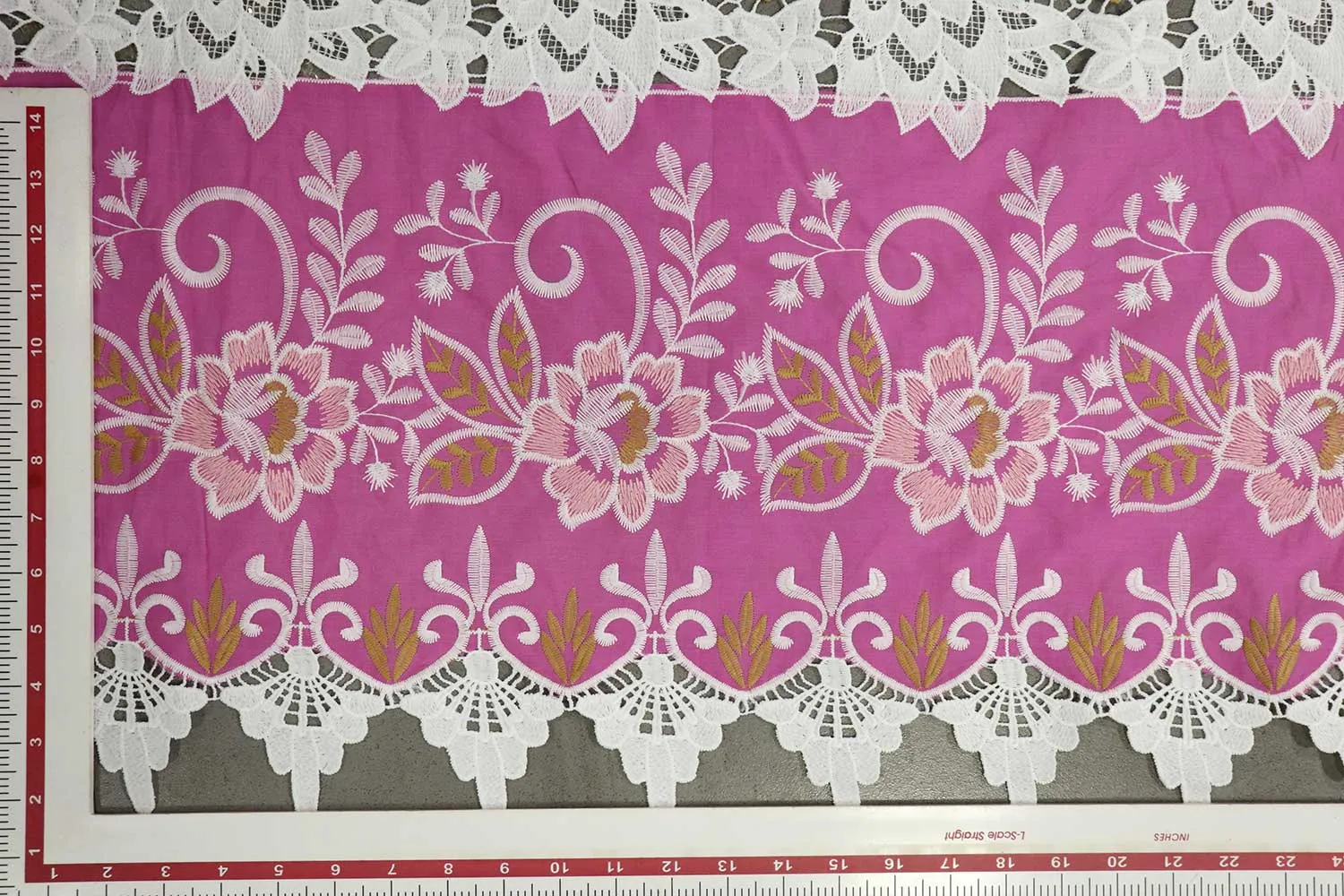 Pink & White Traditional Embroidered Cotton Lace Fabric