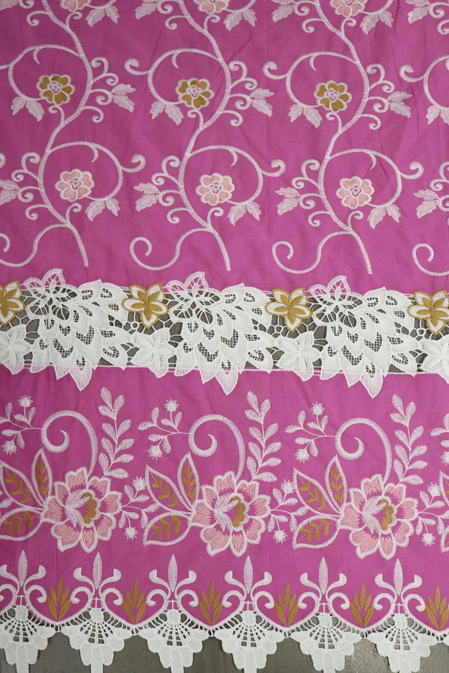 Pink & White Traditional Embroidered Cotton Lace Fabric