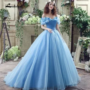 Princess Blue Boat Neck Wedding Dress Ball Gown Simple Tulle Wedding Gowns