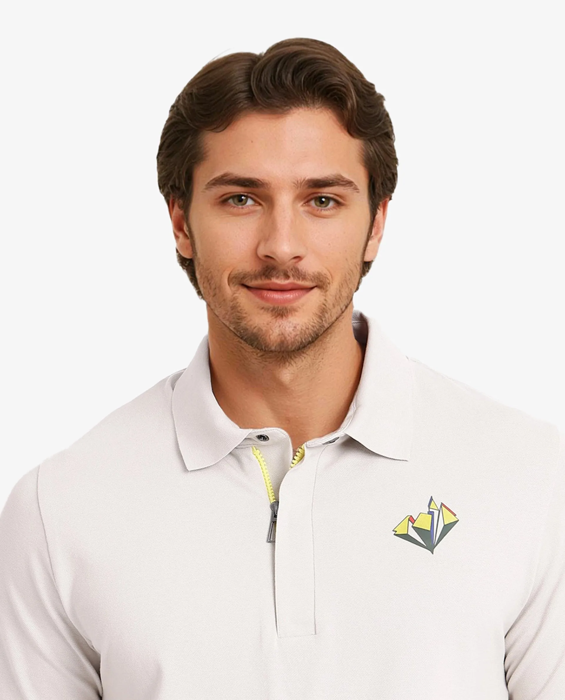 Rare Rabbit Men Palmer Beige Cotton Lycra Short Sleeve Snap Button and Zip Closure Plain With Chest Graphic Print Polo T-Shirt