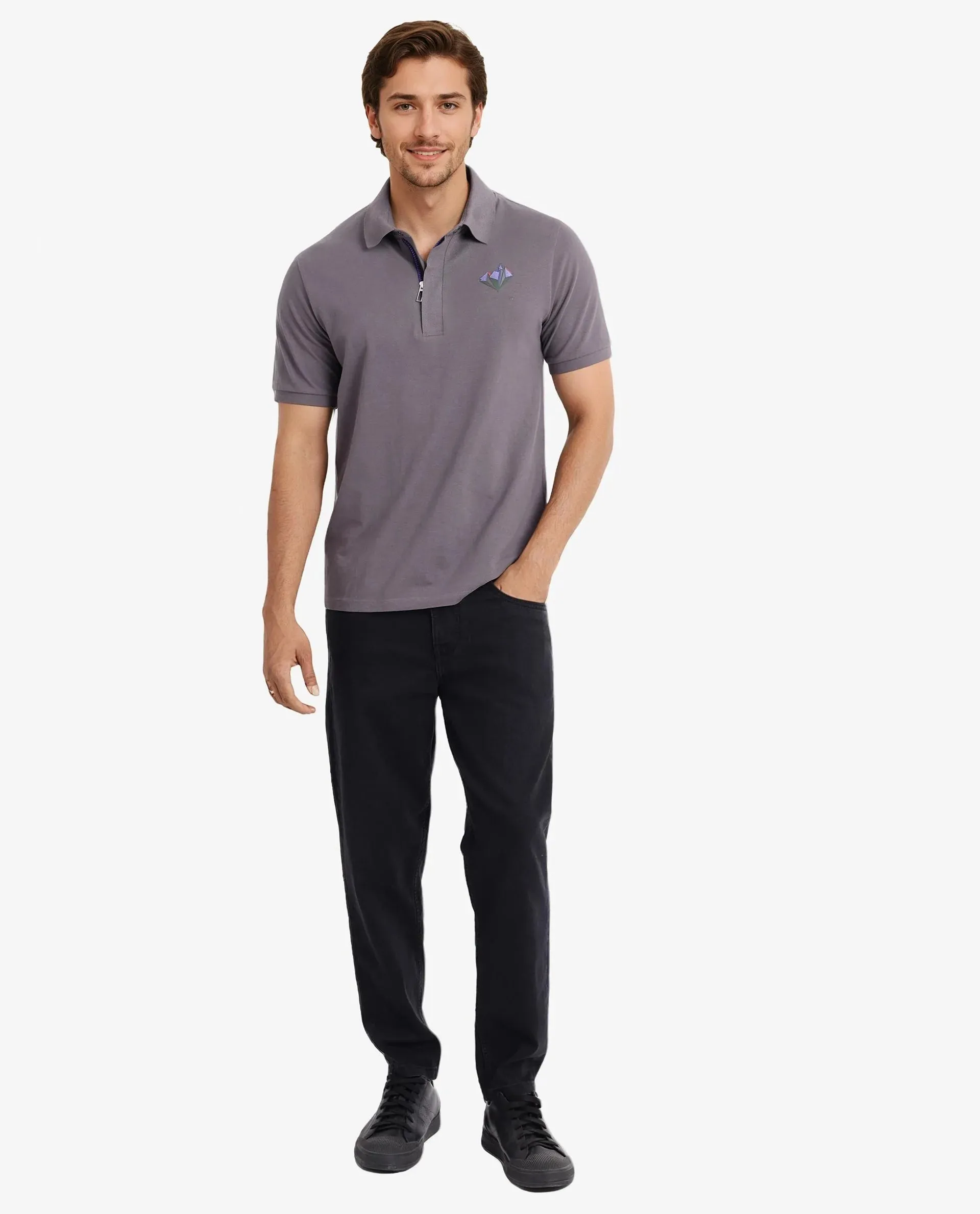 Rare Rabbit Men Palmer Dusky Grey Cotton Lycra Short Sleeve Snap Button and Zip Closure Plain With Chest Graphic Print Polo T-Shirt