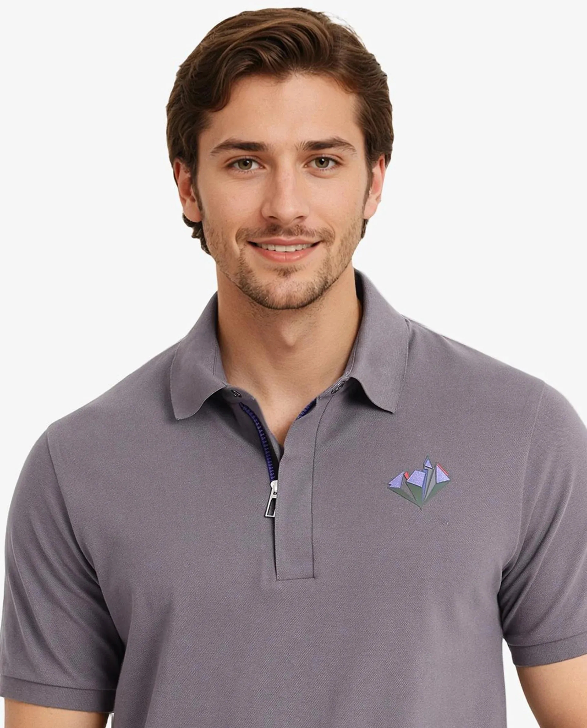 Rare Rabbit Men Palmer Dusky Grey Cotton Lycra Short Sleeve Snap Button and Zip Closure Plain With Chest Graphic Print Polo T-Shirt