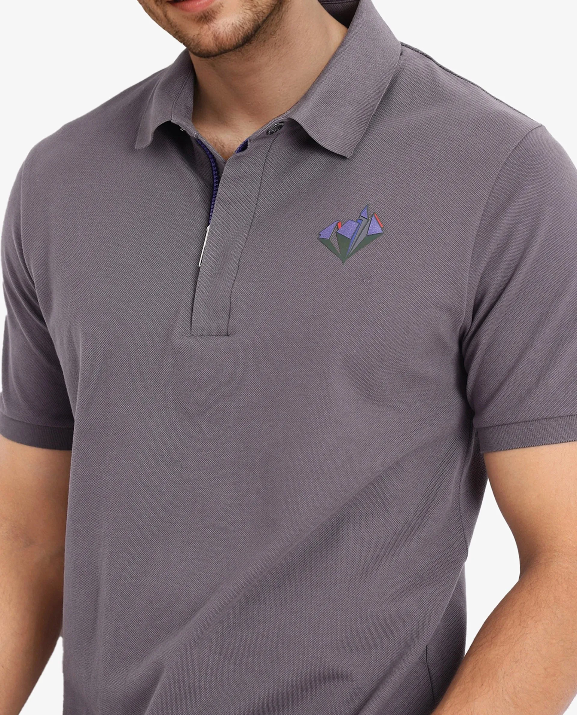 Rare Rabbit Men Palmer Dusky Grey Cotton Lycra Short Sleeve Snap Button and Zip Closure Plain With Chest Graphic Print Polo T-Shirt