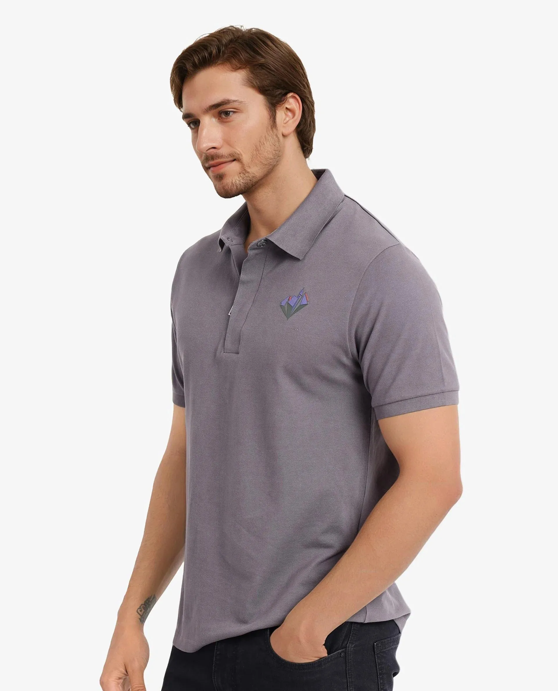 Rare Rabbit Men Palmer Dusky Grey Cotton Lycra Short Sleeve Snap Button and Zip Closure Plain With Chest Graphic Print Polo T-Shirt