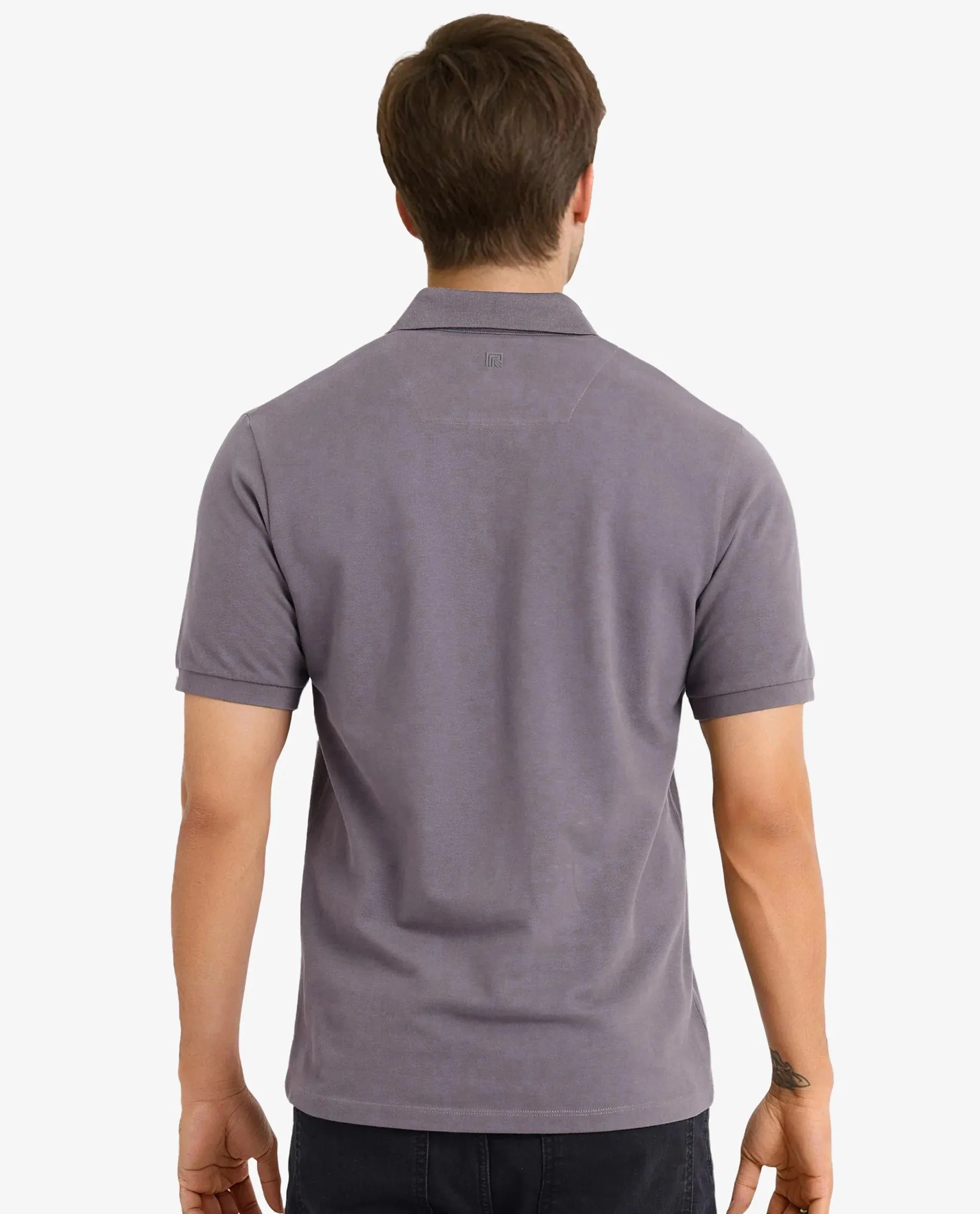 Rare Rabbit Men Palmer Dusky Grey Cotton Lycra Short Sleeve Snap Button and Zip Closure Plain With Chest Graphic Print Polo T-Shirt