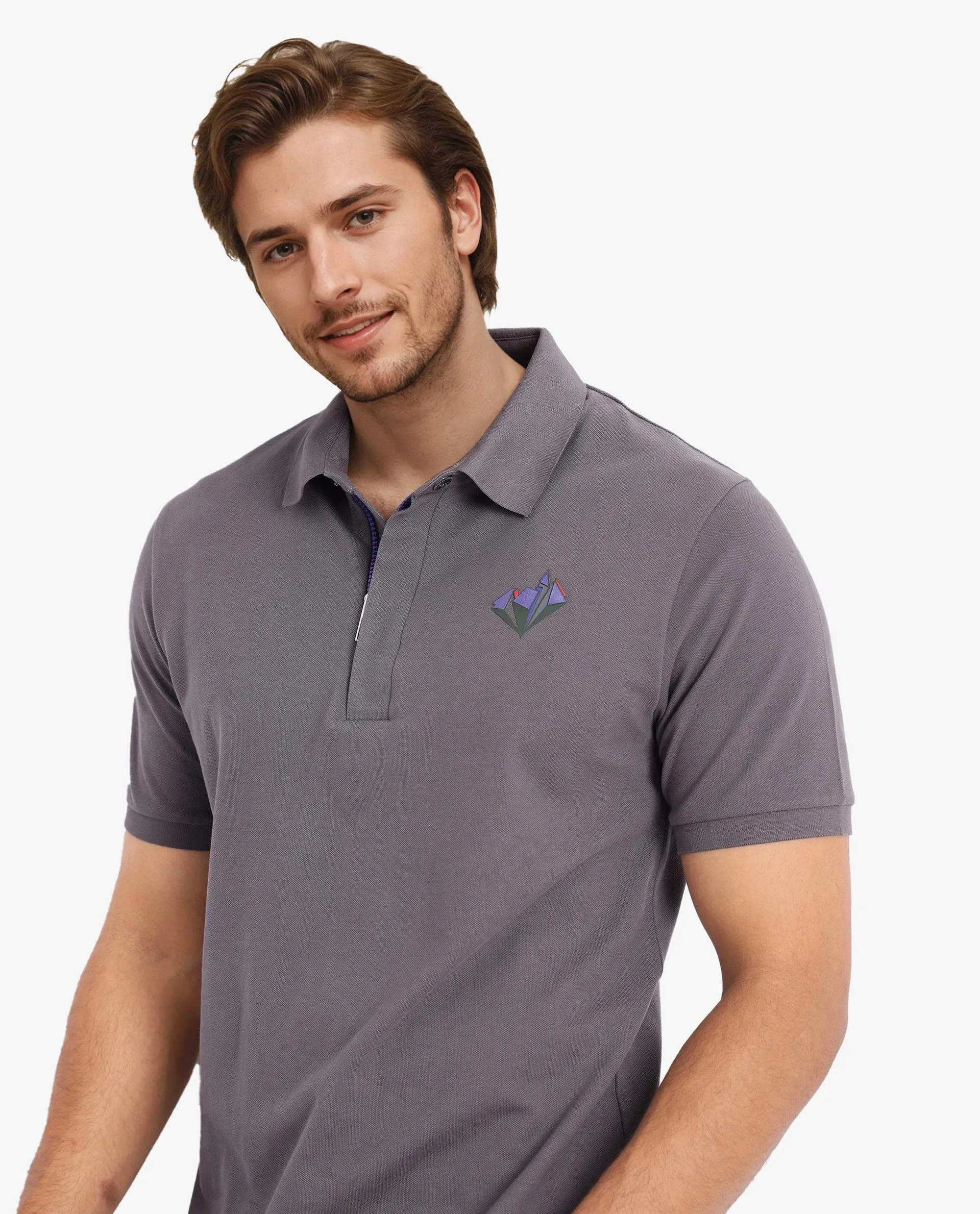 Rare Rabbit Men Palmer Dusky Grey Cotton Lycra Short Sleeve Snap Button and Zip Closure Plain With Chest Graphic Print Polo T-Shirt