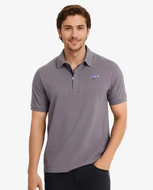 Rare Rabbit Men Palmer Dusky Grey Cotton Lycra Short Sleeve Snap Button and Zip Closure Plain With Chest Graphic Print Polo T-Shirt