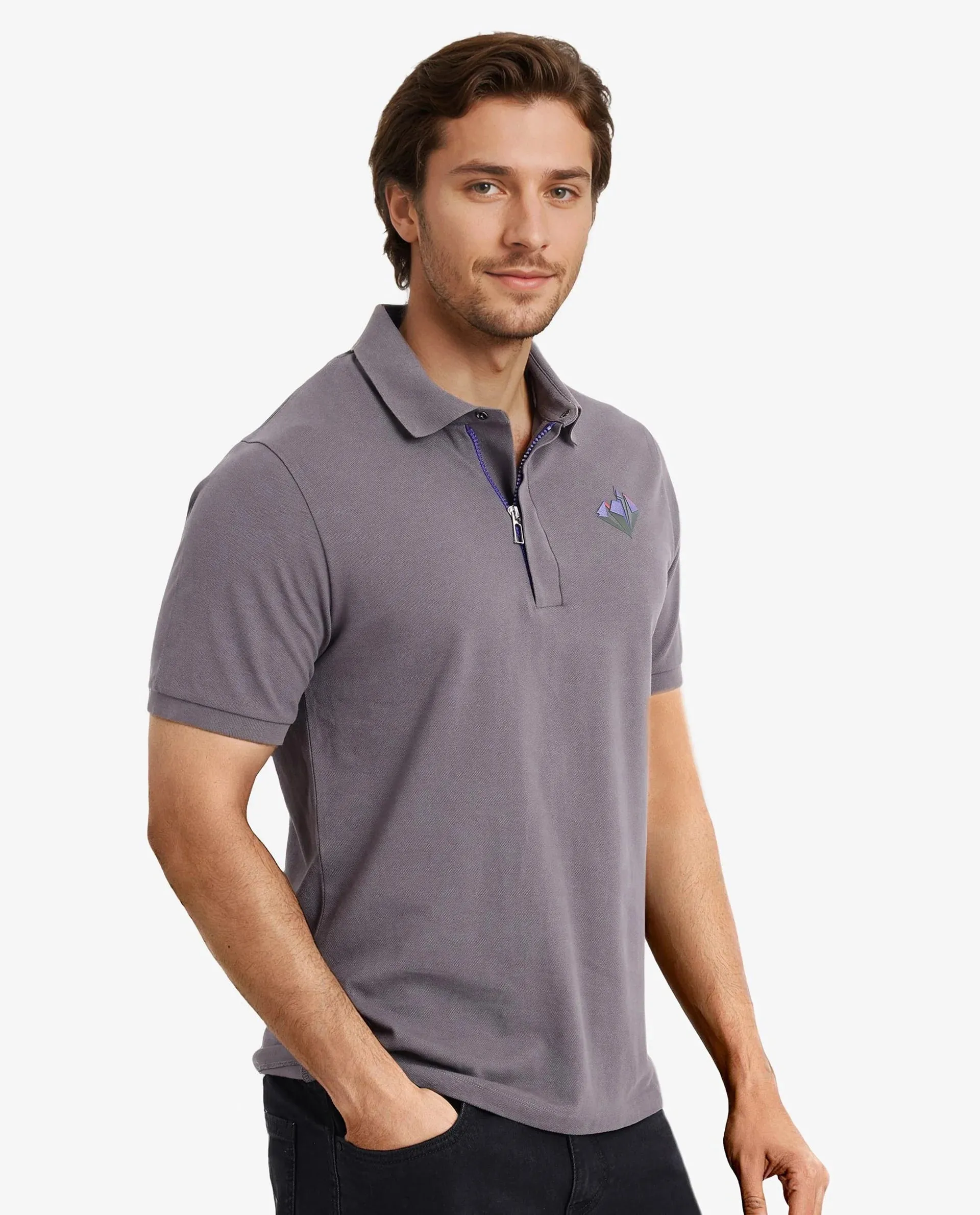 Rare Rabbit Men Palmer Dusky Grey Cotton Lycra Short Sleeve Snap Button and Zip Closure Plain With Chest Graphic Print Polo T-Shirt