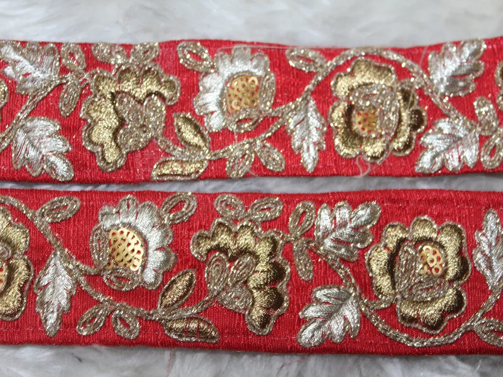 Red Embellished Zari Work Embroidered Border