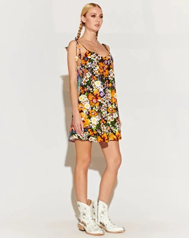 Reversible Sequin Slip Dress with Tropical Floral Pattern