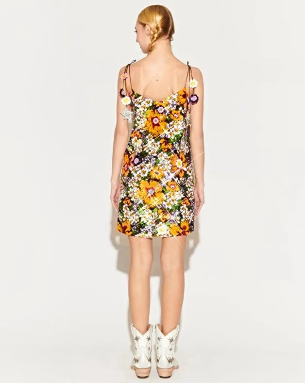 Reversible Sequin Slip Dress with Tropical Floral Pattern