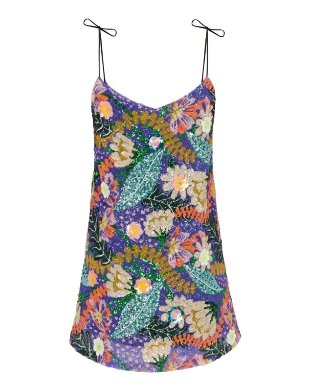 Reversible Sequin Slip Dress with Tropical Floral Pattern