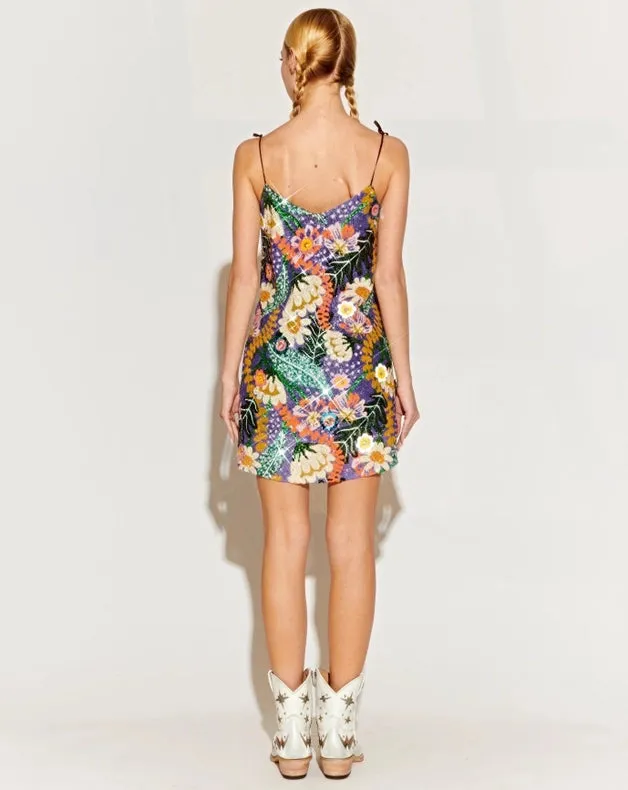Reversible Sequin Slip Dress with Tropical Floral Pattern