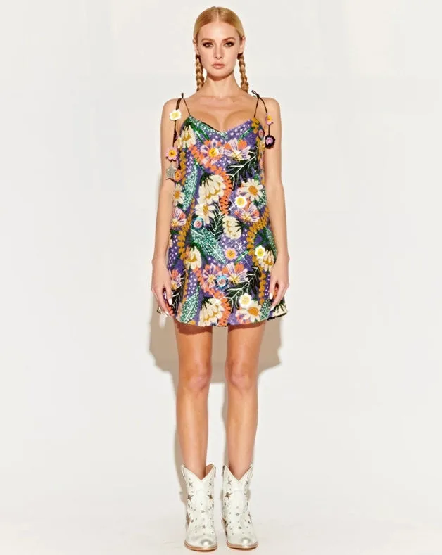 Reversible Sequin Slip Dress with Tropical Floral Pattern