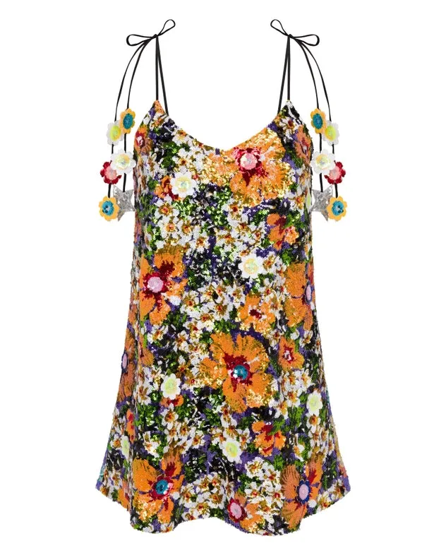 Reversible Sequin Slip Dress with Tropical Floral Pattern