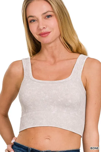 Ribbed Cropped Square Neck Mineral Washed Bralette by Zenana - 19 colors