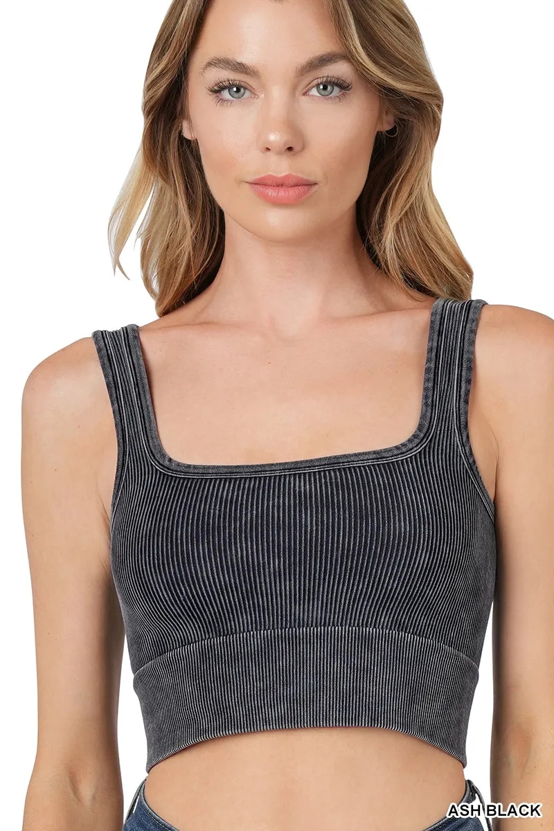 Ribbed Cropped Square Neck Mineral Washed Bralette by Zenana - 19 colors