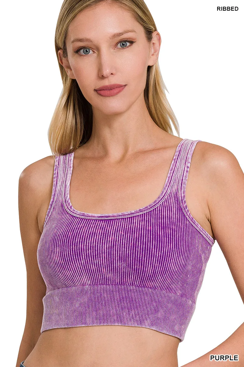 Ribbed Cropped Square Neck Mineral Washed Bralette by Zenana - 19 colors