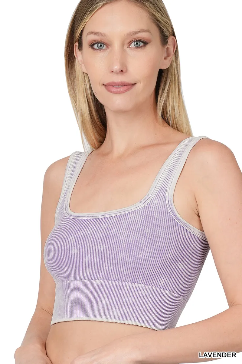 Ribbed Cropped Square Neck Mineral Washed Bralette by Zenana - 19 colors