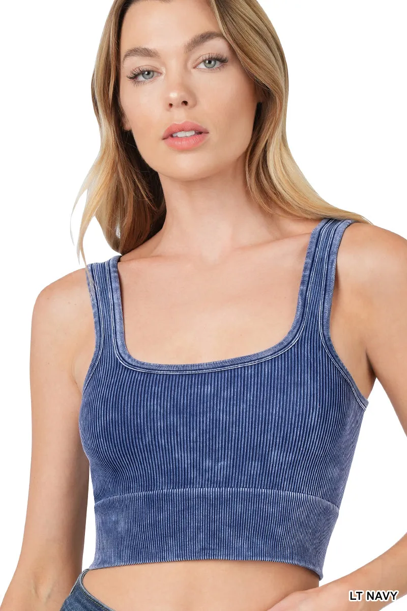 Ribbed Cropped Square Neck Mineral Washed Bralette by Zenana - 19 colors