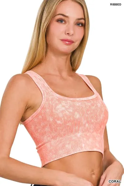 Ribbed Cropped Square Neck Mineral Washed Bralette by Zenana - 19 colors