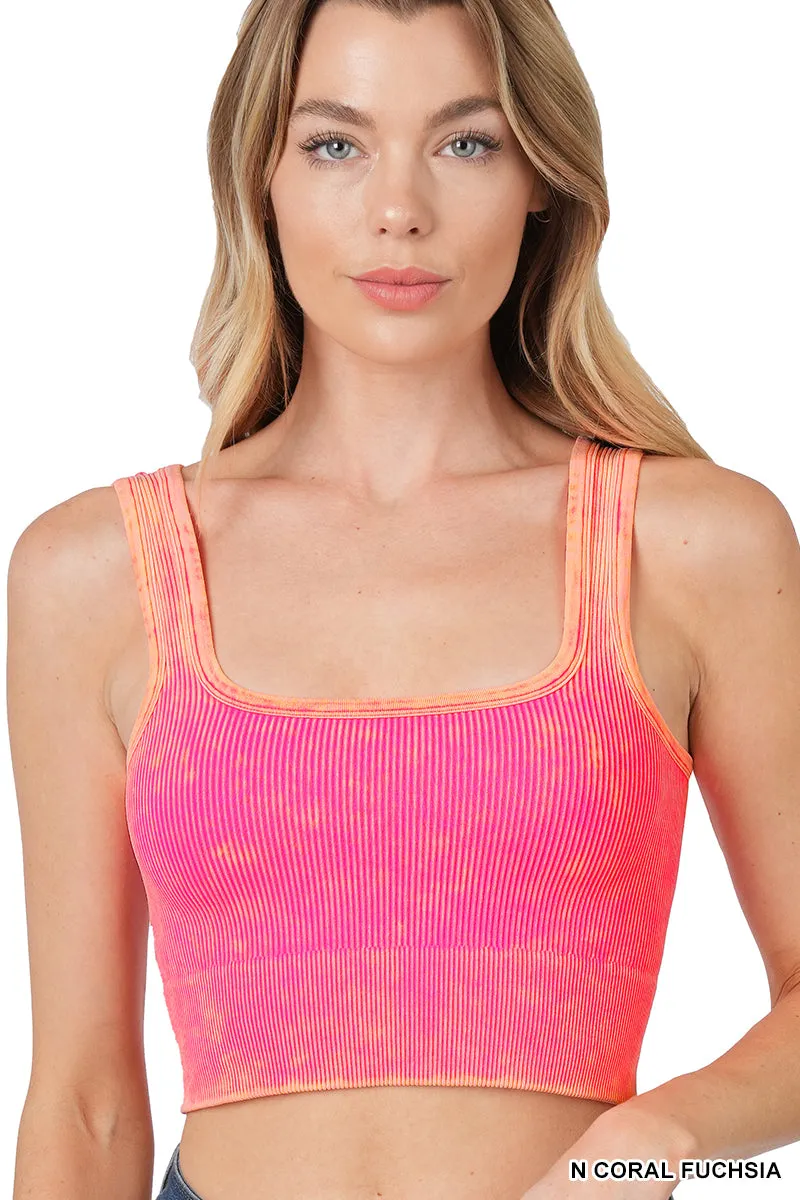 Ribbed Cropped Square Neck Mineral Washed Bralette by Zenana - 19 colors