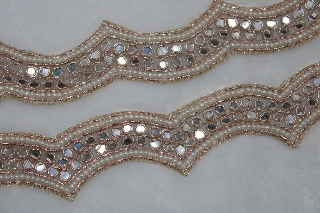 Rose Golden Embellished Mirror and Pearl Work Embroidered Border